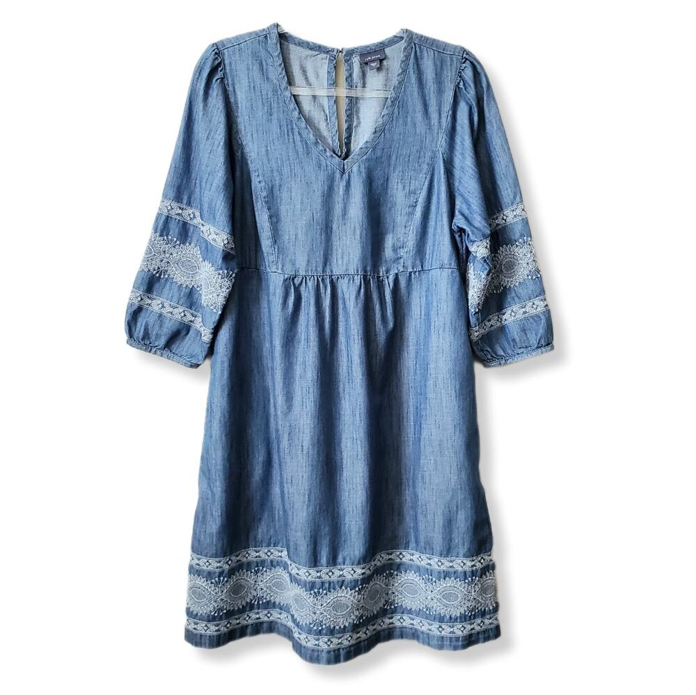 J Jill Denim Chambray Embroidered Dress S Boho Coastal Prairie Casual Weekend